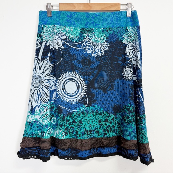VTG Y2K Desigual ALine Circle Skirt Large Embroidered Logo Floral Lace Whimsical - Picture 1 of 10
